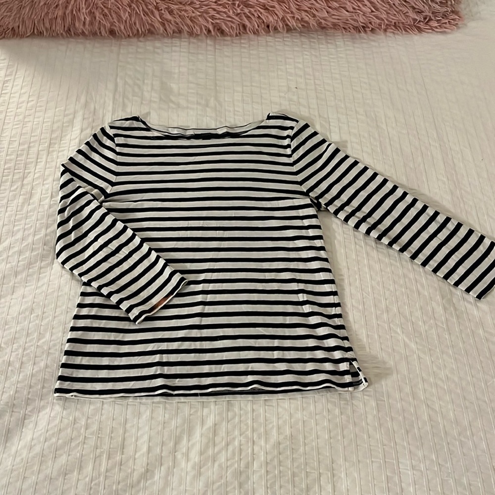 Navy blue and white striped J Crew top